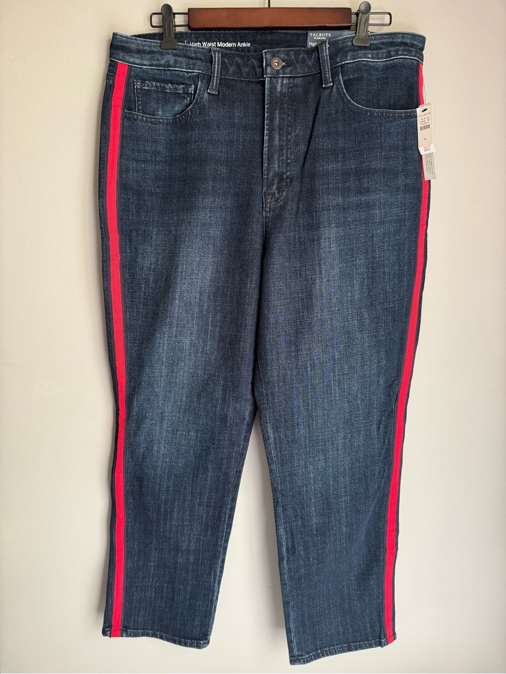 Talbots Dark Wash Women’s Ankle Jeans with Red Side Stripe Size 14